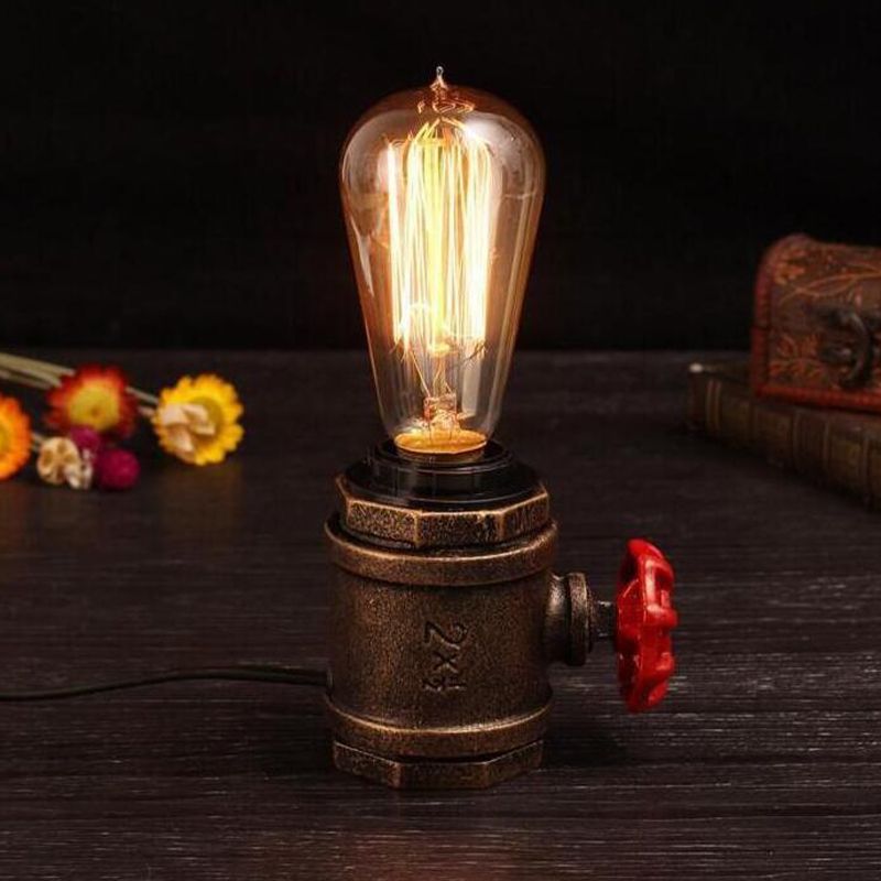 1 Head Metal Night Table Light Industrial Rust Finish Bare Bulb Bedroom Task Lamp with Valve Deco