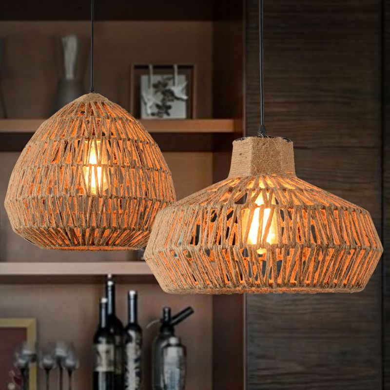 Vintage Style Caged Hanging Light Single-Bulb Hemp Rope Lighting Pendant in Brown