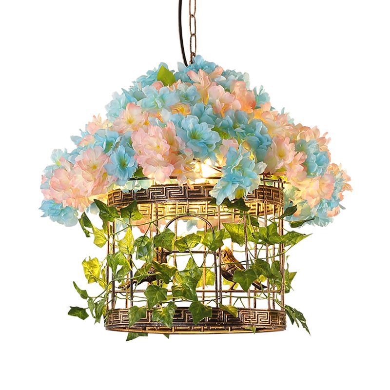 Industrial Bird Cage Hanging Pendant 1 Bulb Metal LED Suspension Light in Brass with Flower Decoration