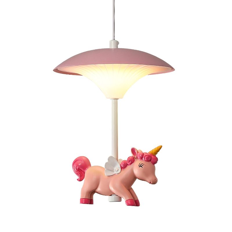 Pink Mushroom Ceiling Lamp Kid LED Metal Hanging Light Fixture with Cartoon Figurine for Bedroom