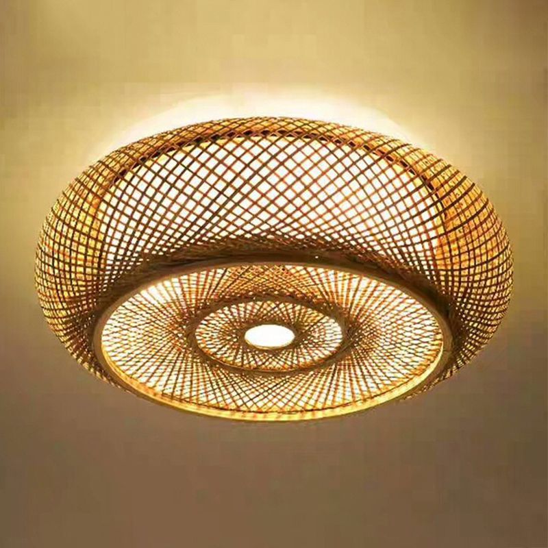 Curved Drum Flush Mount Ceiling Light 3 Lights Rattan Japanese Flush Mount Ceiling Light for Living Room