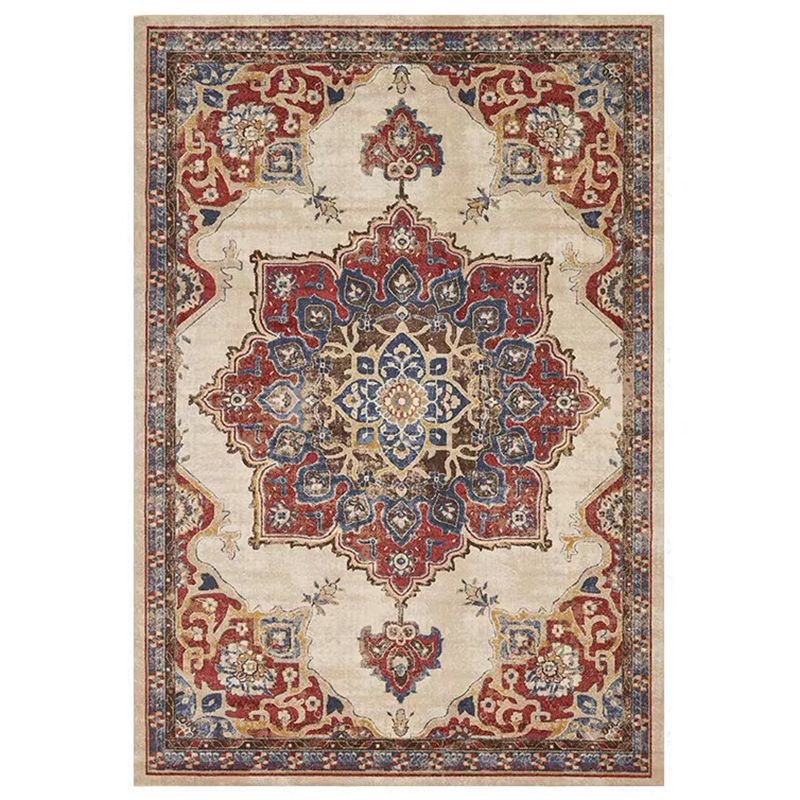 Elegant Red Tone Vintage Carpet Polyester Moroccan Pattern Indoor Rug Non-Slip Backing Rug for Living Room