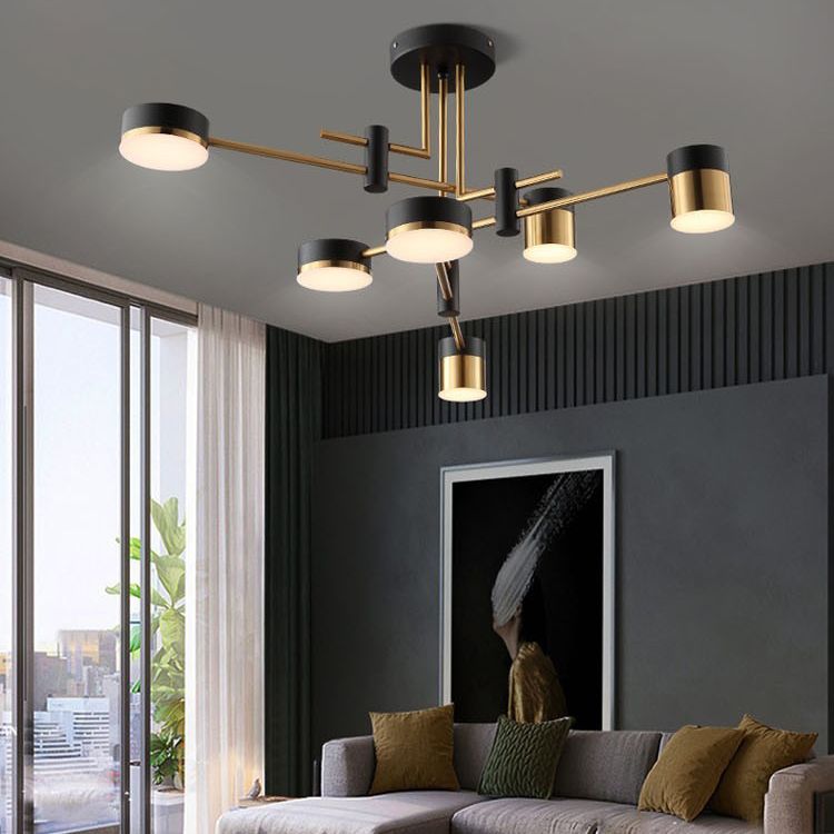 Modern Metal Radial Hanging Chandelier Light Drum Shade LED Suspension Light  in Black for Living Room