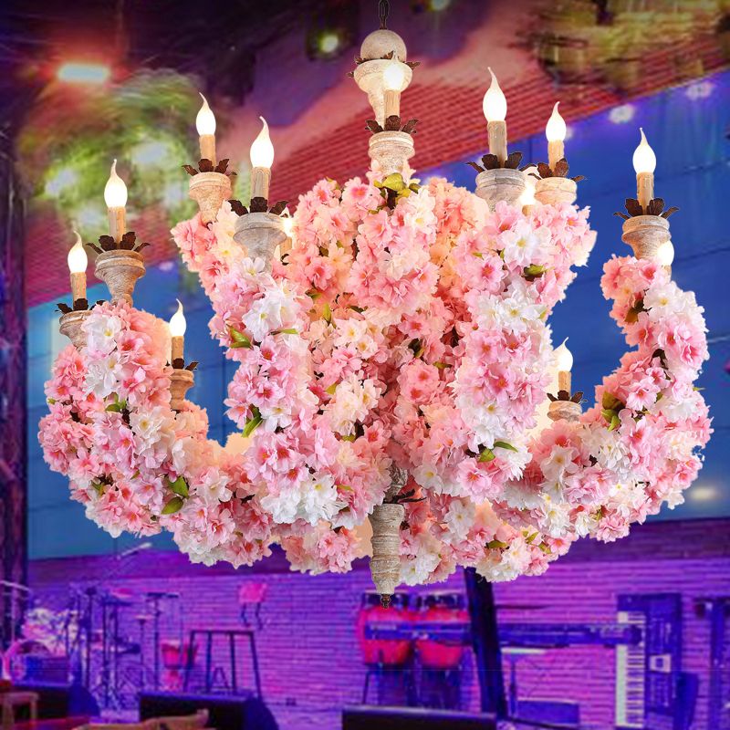 Candle Restaurant Chandelier Light Vintage Metal 15 Heads Pink Flower Pendant Lighting Fixture