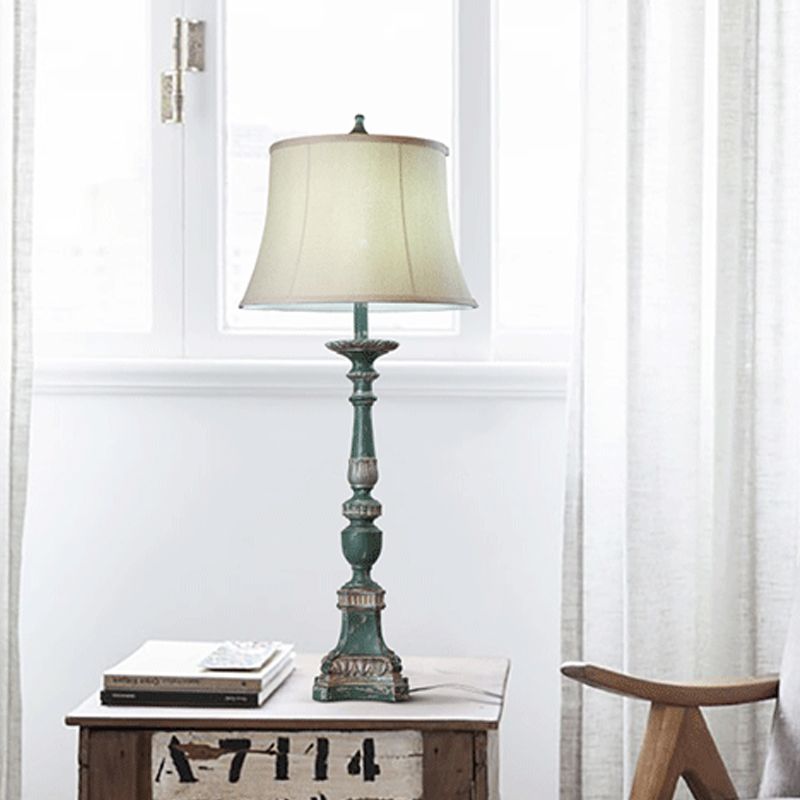 White Bell Shade Table Lamp Vintage Style Fabric 1-Light Bedroom Nightstand Light with Resin Font Base