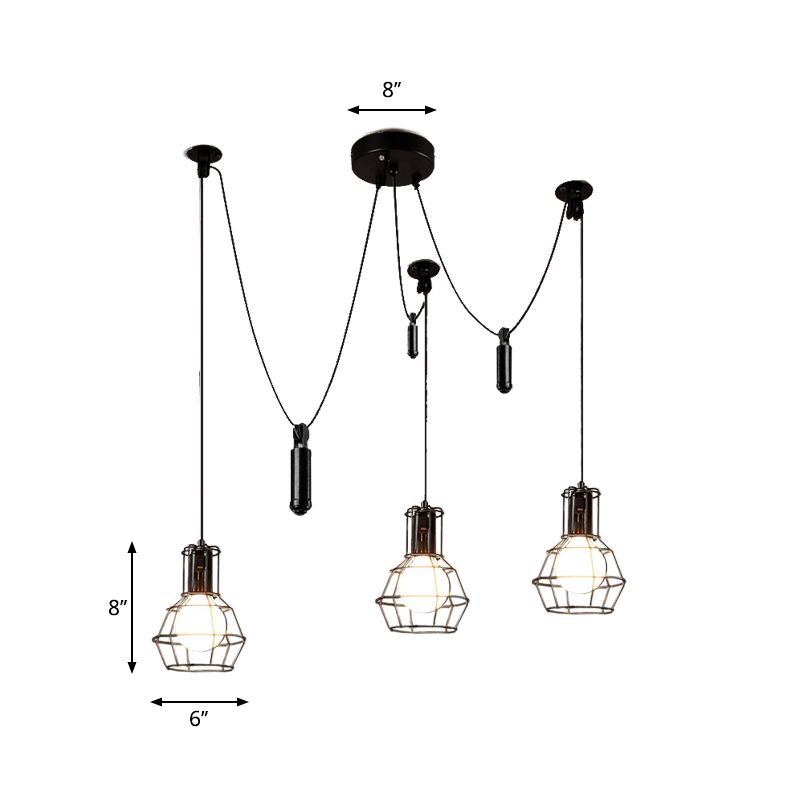 3/5/8 Heads Caged Pendant Light Fixture Farmhouse Black Metallic Hanging Lamp with Swag Design