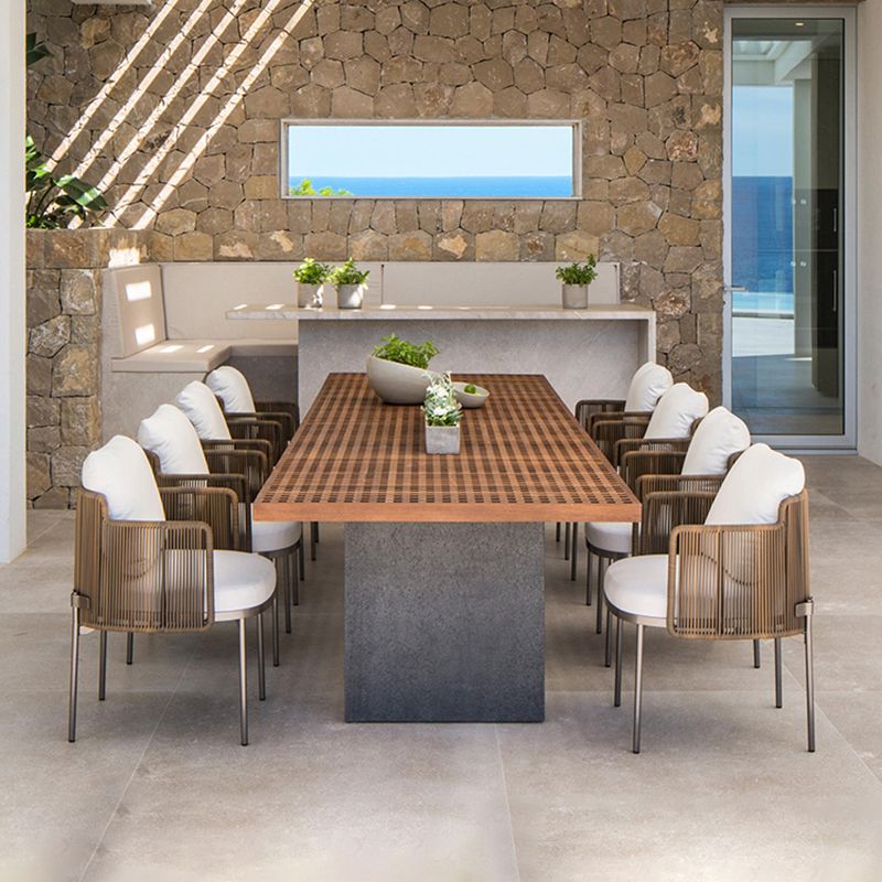 Modern Outdoor Dining Table Stone/Wood Patio Table with Metal Frame