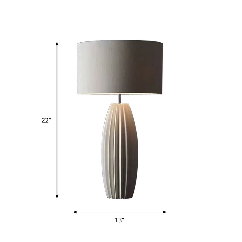 Modern 1-Light Ceramics Night Light with Fabric Shade Grey Finish Drum Nightstand Lamp