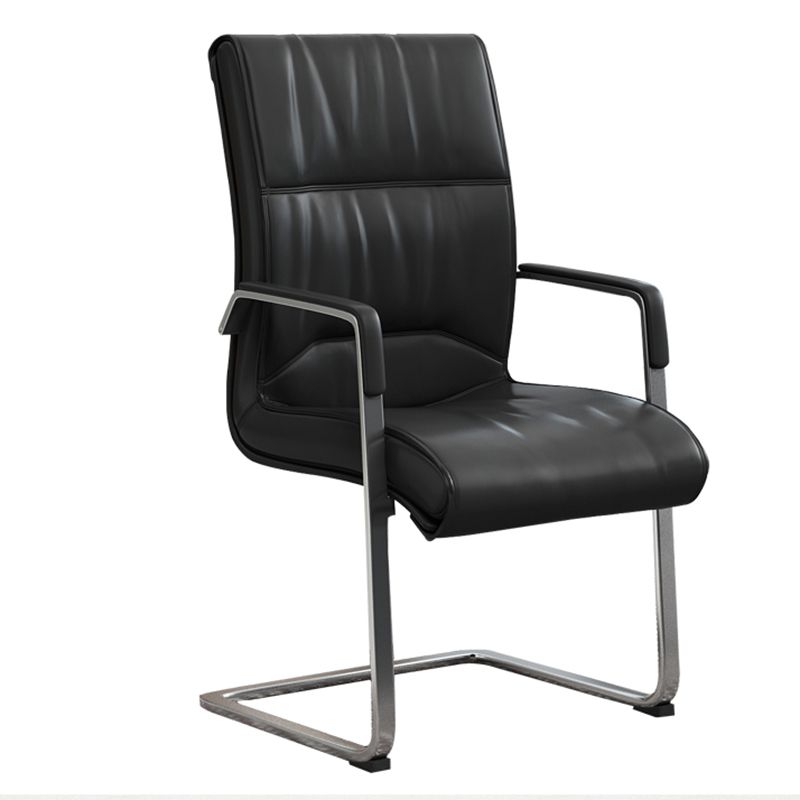 Modern No Wheels Desk Chair Faux Leather Black Mid-Back Chair