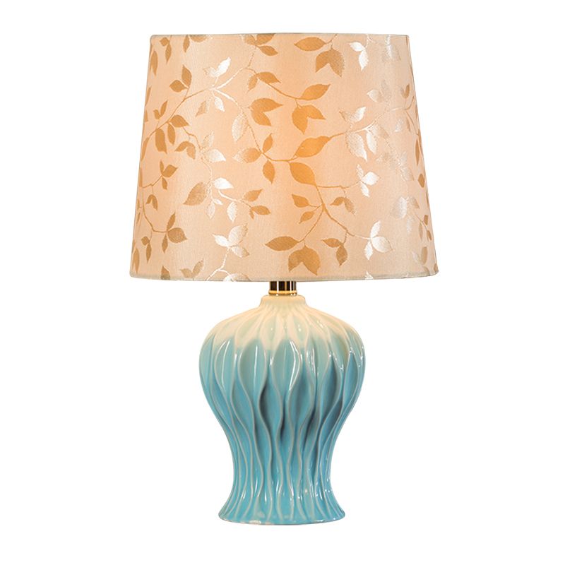 Leaf-Printed Fabric Beige Night Light Barrel Shade 1-Light Traditional Table Lighting with Blue Urn Base