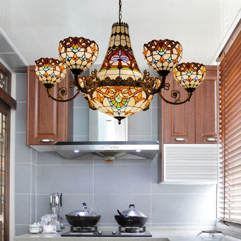 11/13 Lights Dining Room Pendant Chandelier Tiffany Brass Down Lighting with Dome Stained Glass Shade, 39"/47" Wide