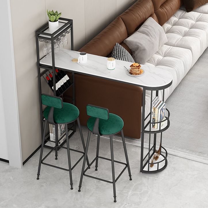 Modern Iron Bar Dining Table White Stone Top Indoor Bistro Table with Wine Rack