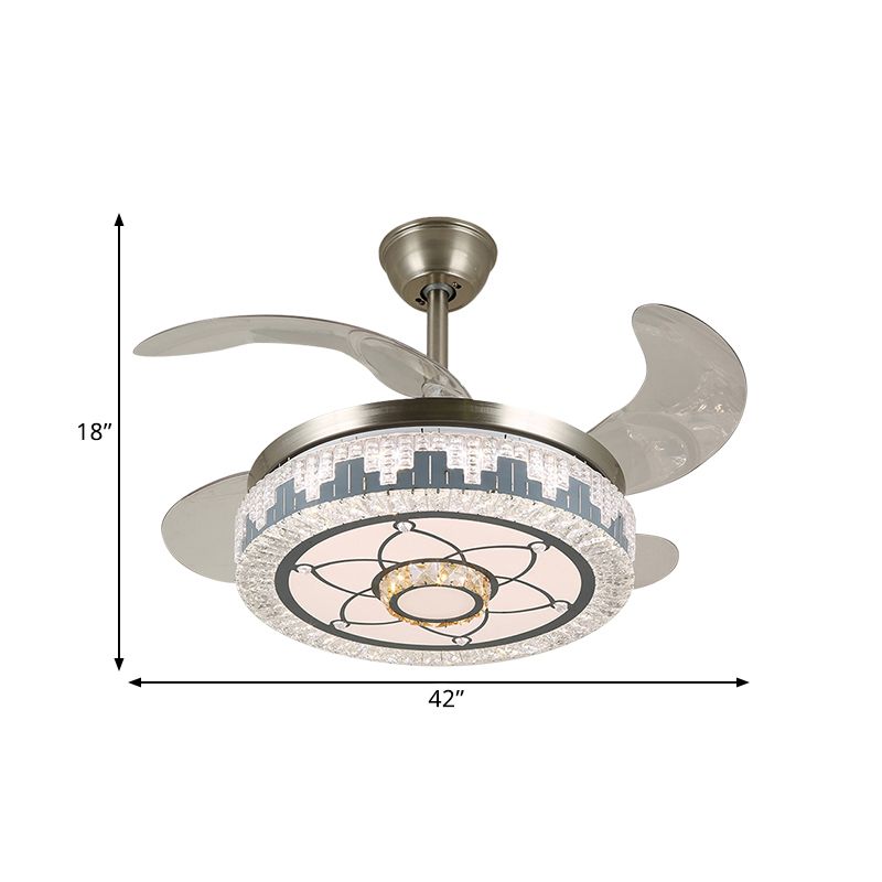Stainless-Steel LED Hanging Fan Lamp Modern Clear Crystal Blocks Round Semi Flush Light with 4 Blades, 19" Width