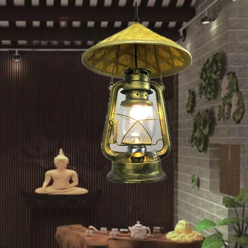 Lodge Style Hat Pendant Light Rattan 1 Light Dining Room Hanging Lamp with Metal Lantern Shade in Brass, 12"/18" W