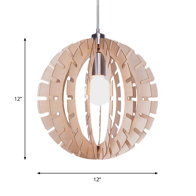 Globe Suspension Pendant Light Contemporary Wood 1 Bulb Beige Hanging Light Fixture