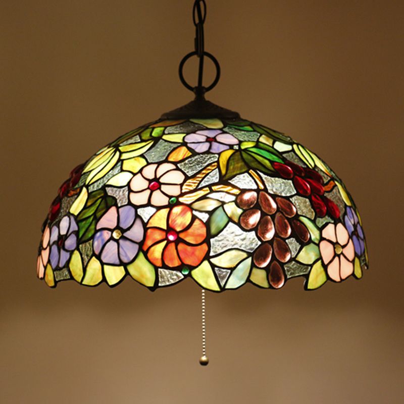 Hand-Crafted Glass Black Chandelier Domed 3 Lights Mediterranean Pendant Lamp with Plant Pattern