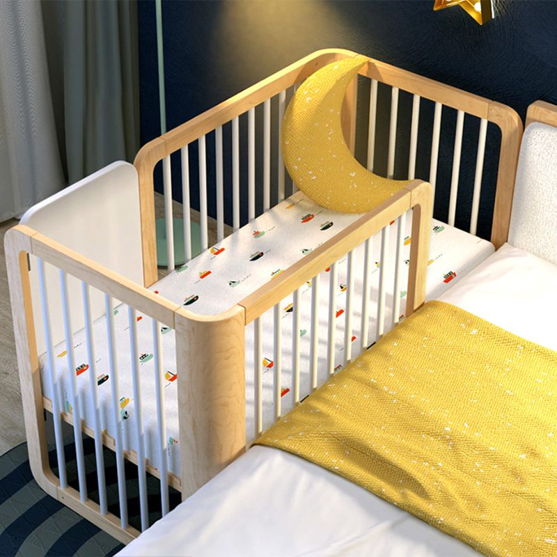 Scandinavian with Casters/Wheels Crib Light Wood with Guardrail Nursery Crib