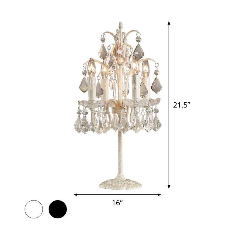 Traditional Candelabra Table Light 4 Heads Crystal Drip Nightstand Lamp in White/Black for Bedside