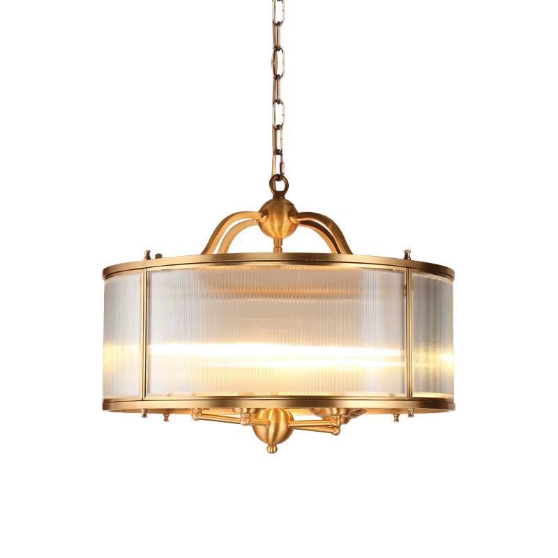 Drum Kitchen Ceiling Chandelier Colonial Frosted Ribbed Glass 4/5 Heads Gold Hanging Light Fixture