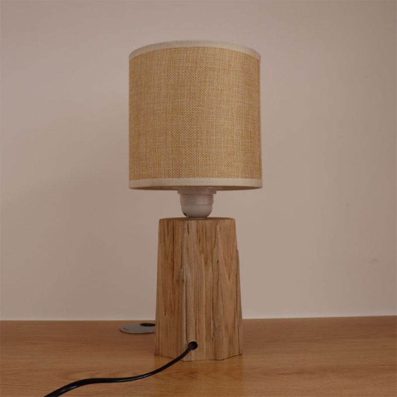 Cylinder Bedroom Night Light Classic Style Fabric 1 Light Wood Nightstand Lighting