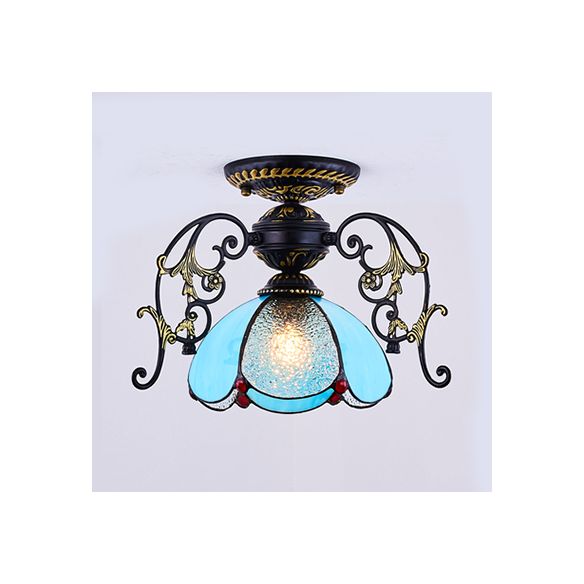 Traditional Petal Massimale Light con Bowl Shade Stained Glass 1 Light Blue Diamond / Frosted Semi Flush Light in Black / White