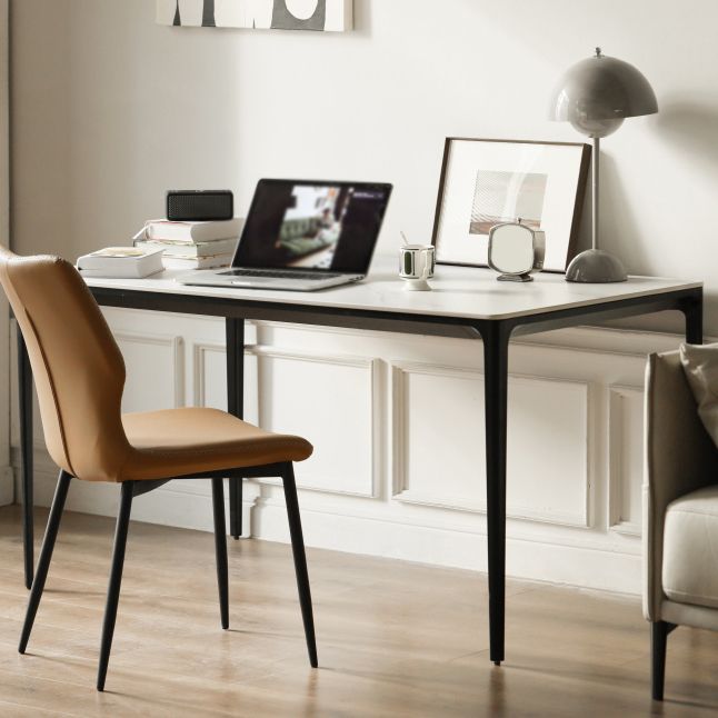 Modern White Rectangular Stone Top Dining Table with 4 Metal Black Legs