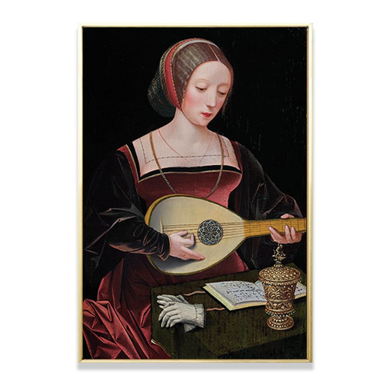 Red Woman Playing Lute Painting Musical Vintage Textured Canvas Art for Living Room