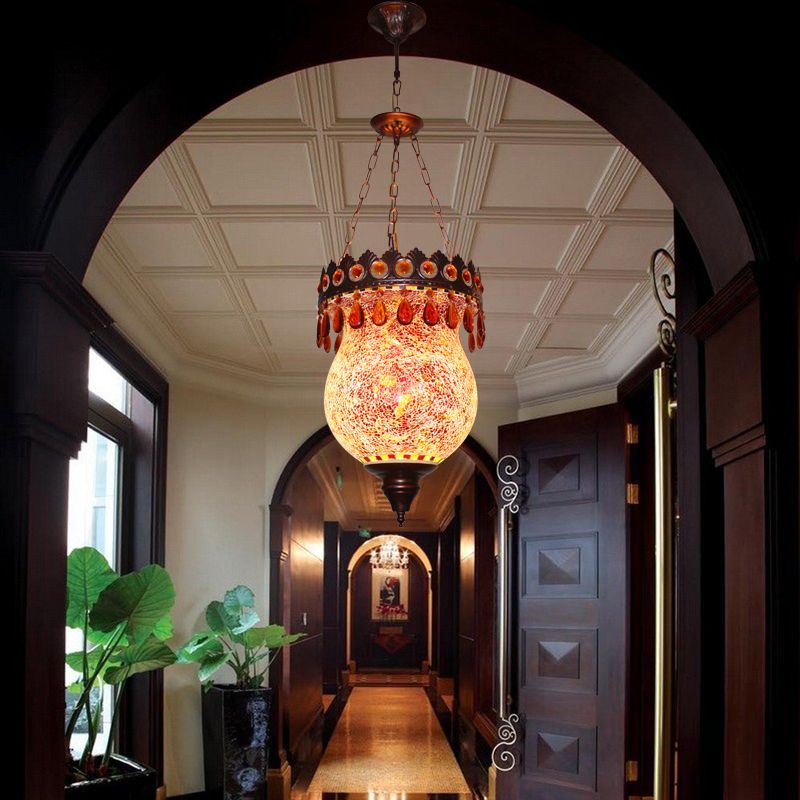 Copper Urn Down Lighting Pendant Retro Hand Cut Glass 1 Light Living Room Ceiling Suspension Lamp