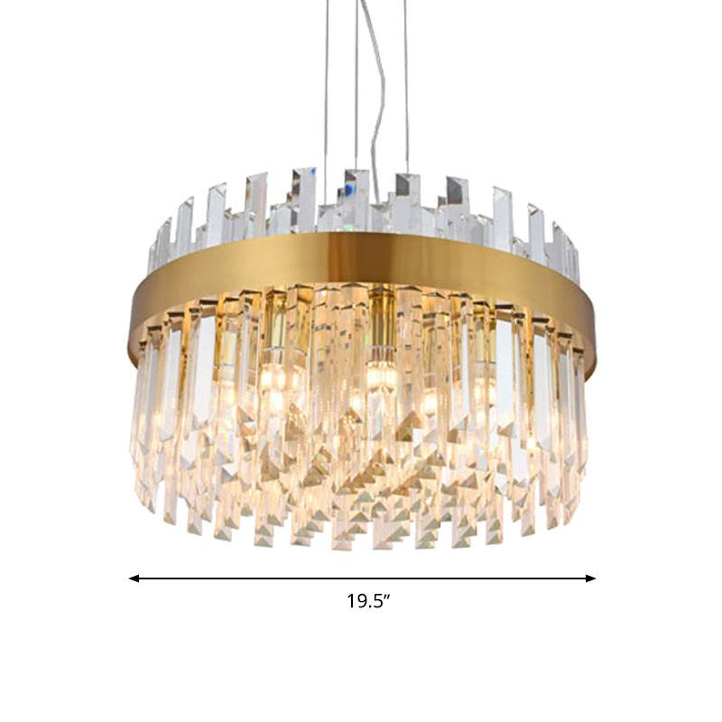 Brass Drum Hanging Chandelier Contemporary Faceted Crystal 5 Heads Ceiling Pendant Light