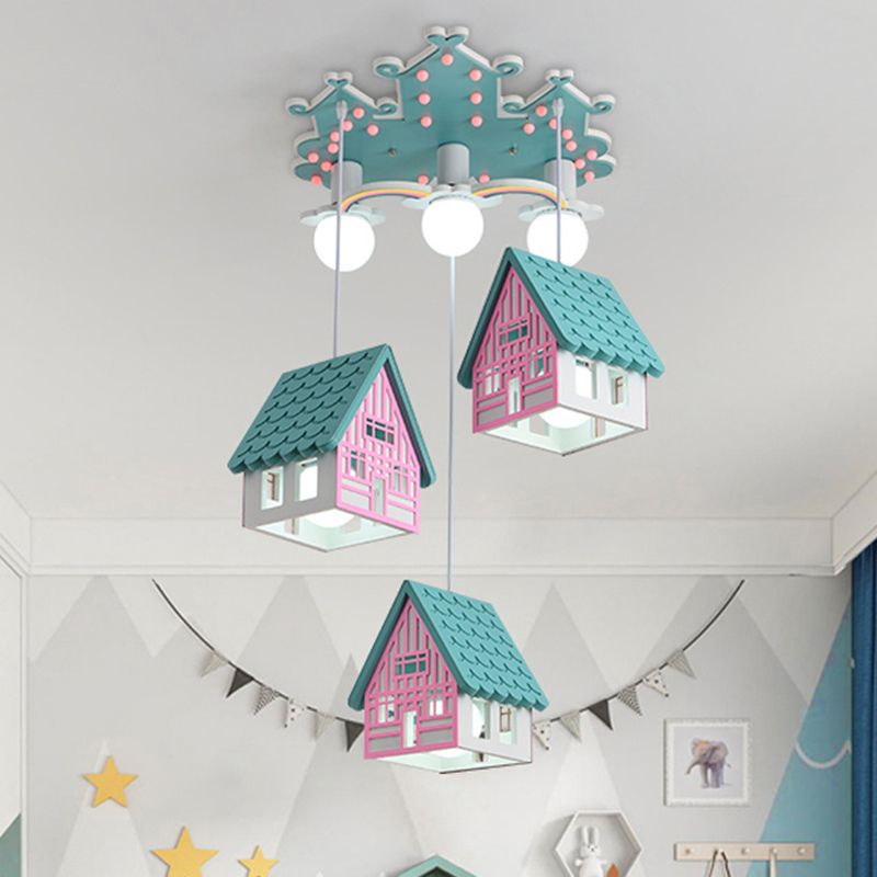 Wooden House Shaped Hanging Light Kids Style 6 Heads Multi Light Pendant for Child Room