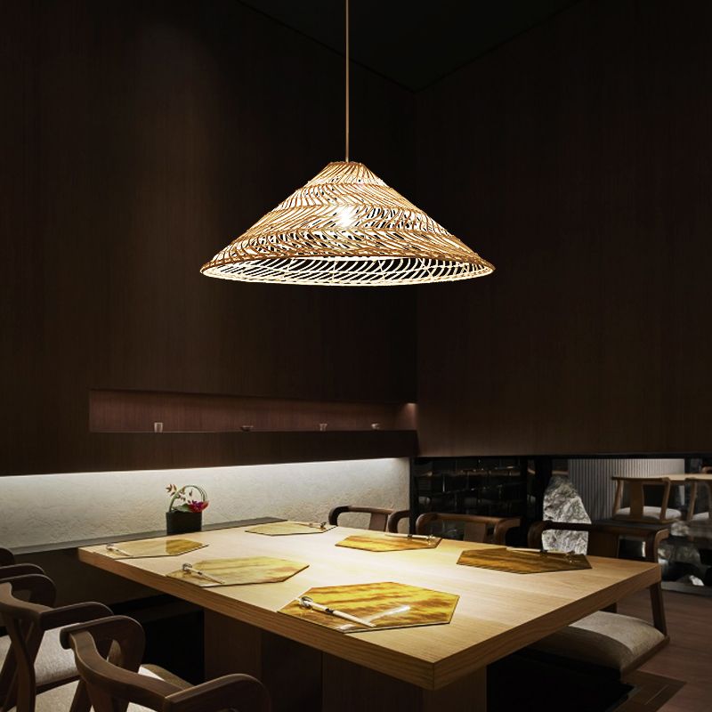 Cone Shaped Suspension Light Simplicity Rattan 1-Light Restaurant Pendant Light in Wood