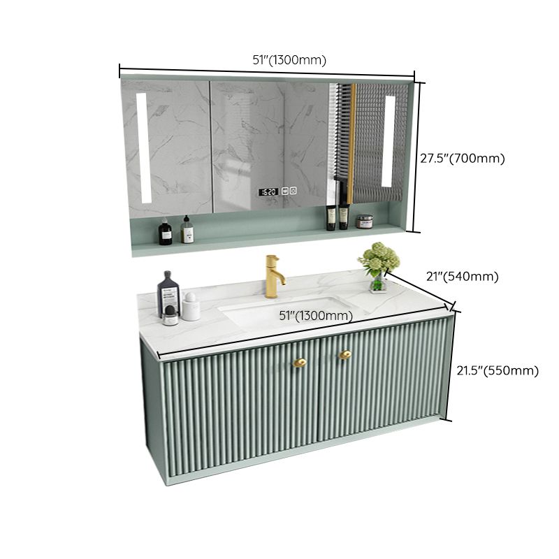 Wood Frame Vanity Glam Green Single Sink Mirror Wall-Mounted Bath Vanity with Drawers