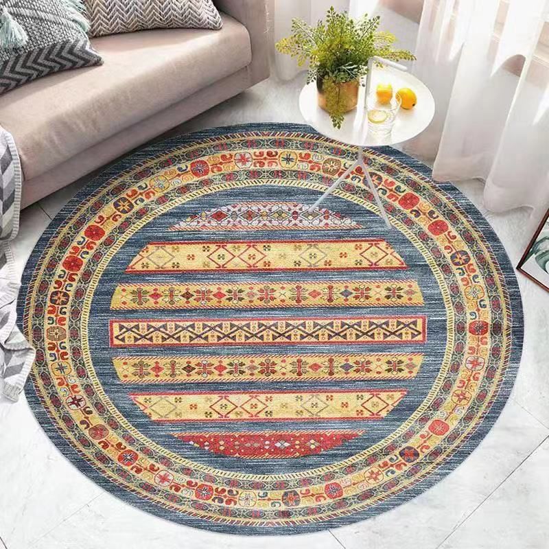 Retro Ethnic Style Round Rug Polyester Rug Stain Resistant Rug for Living Room Bedroom