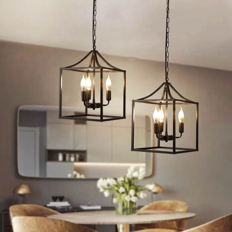 Black 3 Lights Pendant Lighting Retro Square Cage Metal Chandelier Lamp for Diner