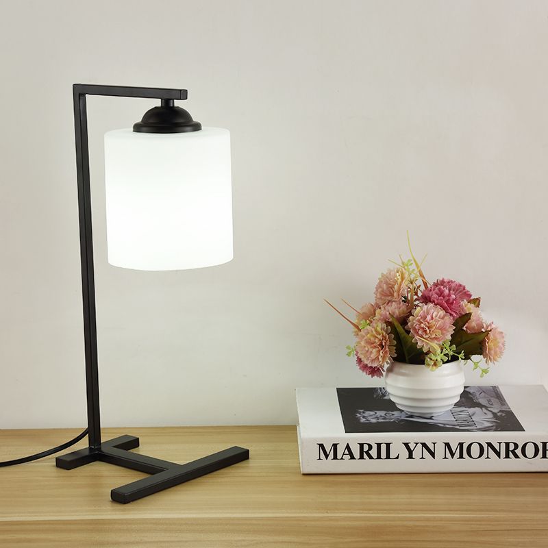 Milk Glass Cylinder Table Light Nordic Stylish 1 Light Study Room Table Lighting in Black Finish