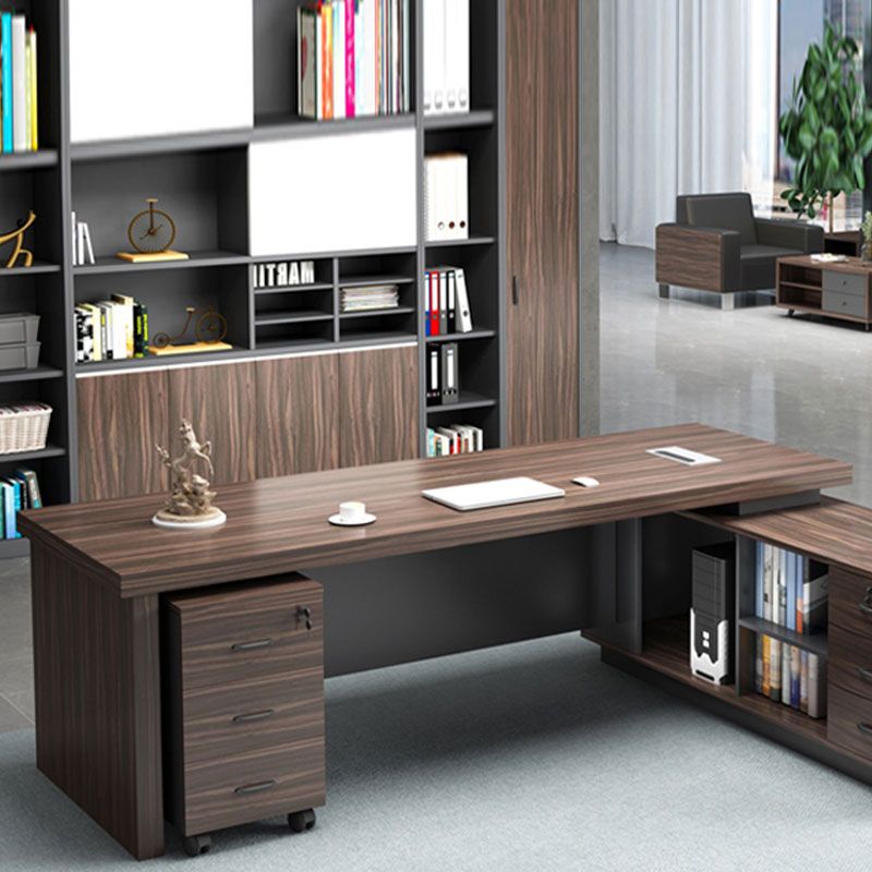 Rectangular Shaped Executive Desk Wood with 3 Drawers in Brown