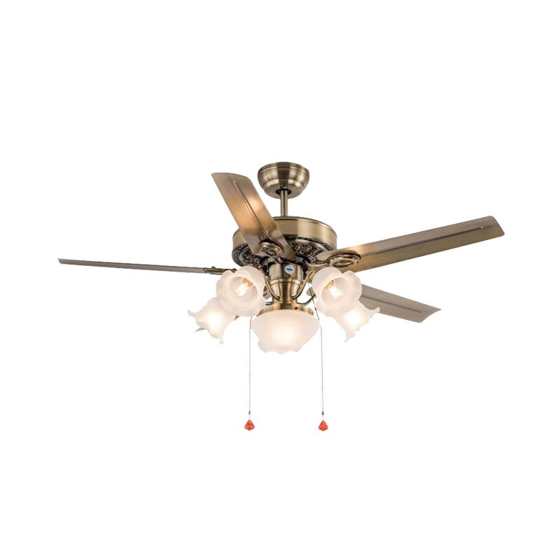 48" Wide 6 Heads Ceiling Fan Light Traditional Living Room 5 Blades Semi Flush Mount Lamp with Flower Milk Glass Shade in Brass, Pull Chain/Remote/Wall Control