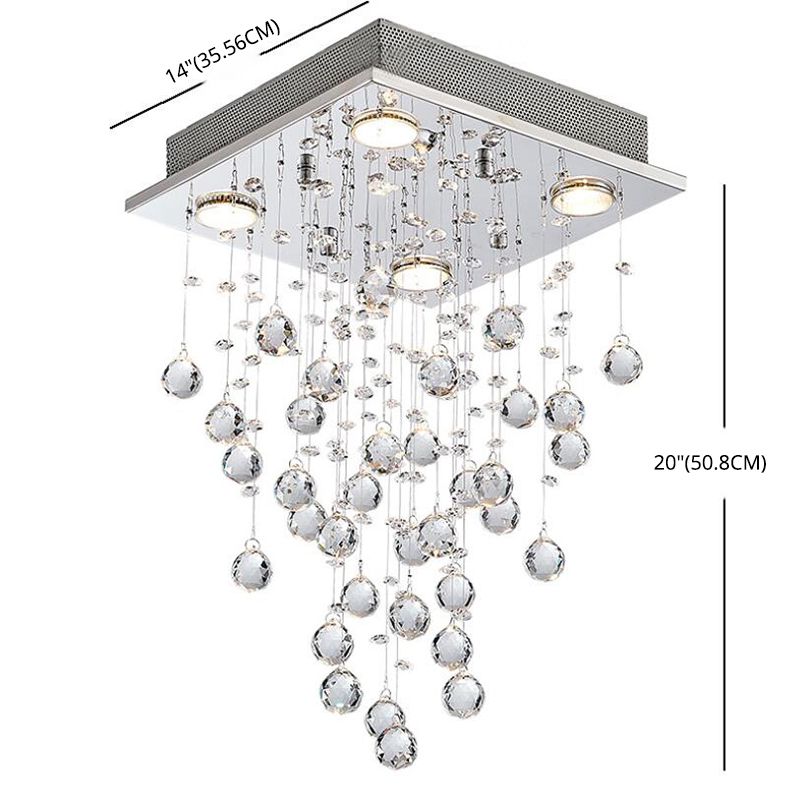 12" breite, quadratische LED-Deckenleuchte aus Edelstahl mit Kristallkugeltropfen, 4-flammige Einbauleuchte im modernen Stil