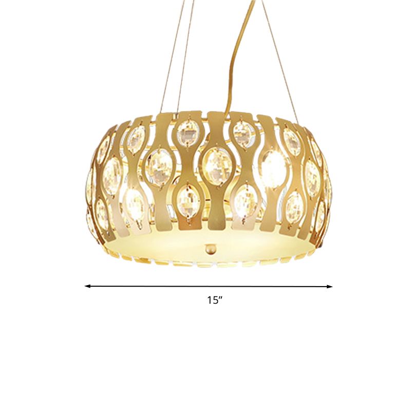 Metal Drum Hanging Chandelier Modern 3/4 Lights 15"/19" Width Gold Ceiling Lamp with Crystal Accent