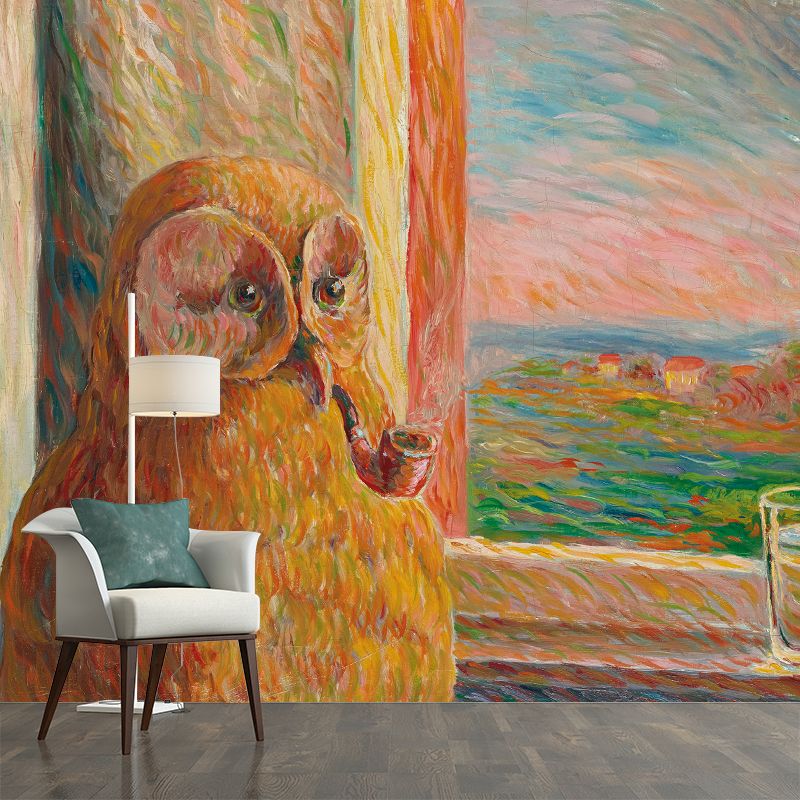 Yellow-Brown Surreal Wall Murals Whole Owl Smoking Pipe Painting Wall Art for Home