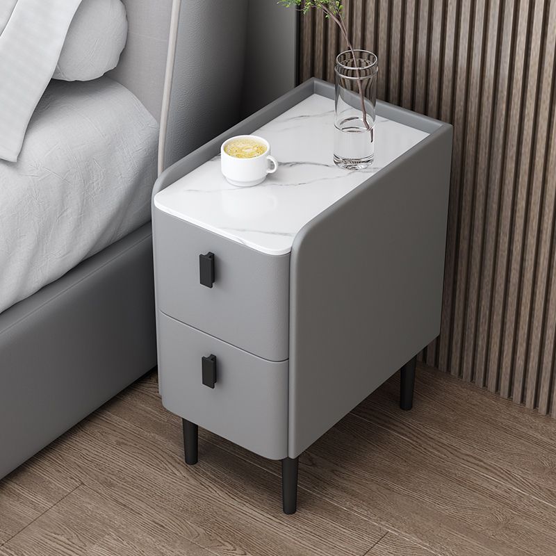 Modern Stone Top Night Table with Drawers 4 Legs Leather Nightstand