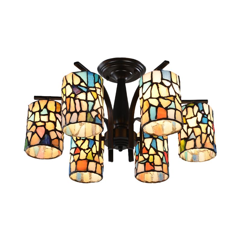 6/8 Lights Semi Flush Light Mediterranean Cylinder Cut Glass Ceiling Mount in Black for Living Room