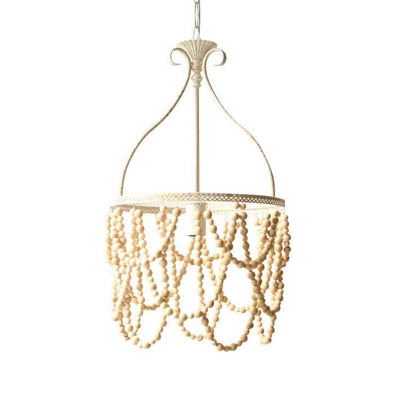 Houten kralen Pendulum hanger Country Style 1 lamp Wit plafondlamp met Iron Bellied vaashangend frame