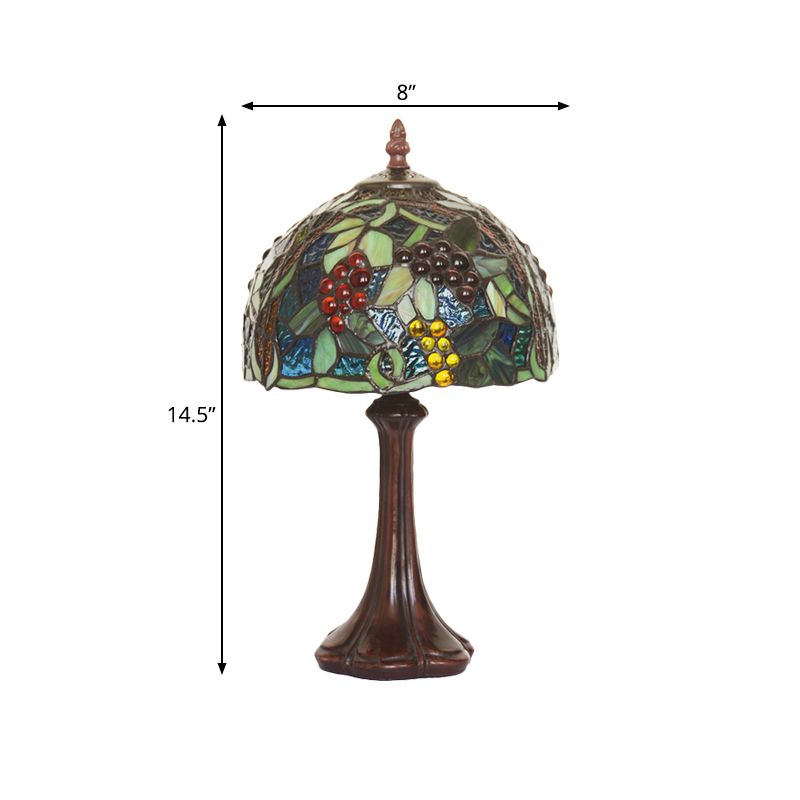 1-Light Bedside Table Lamp Tiffany Coffee Night Light with Grapes Patterned Dome Stained Glass Shade