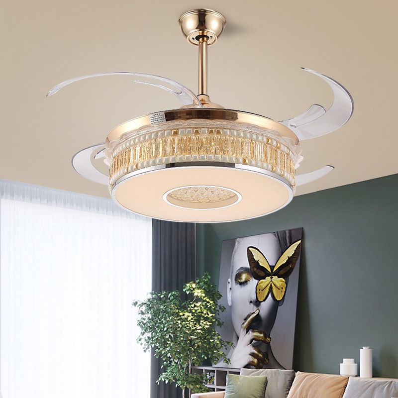 Concave Carved Semi Flush Light Contemporary Gold Finish LED Crystal Block Ceiling Light with Fan