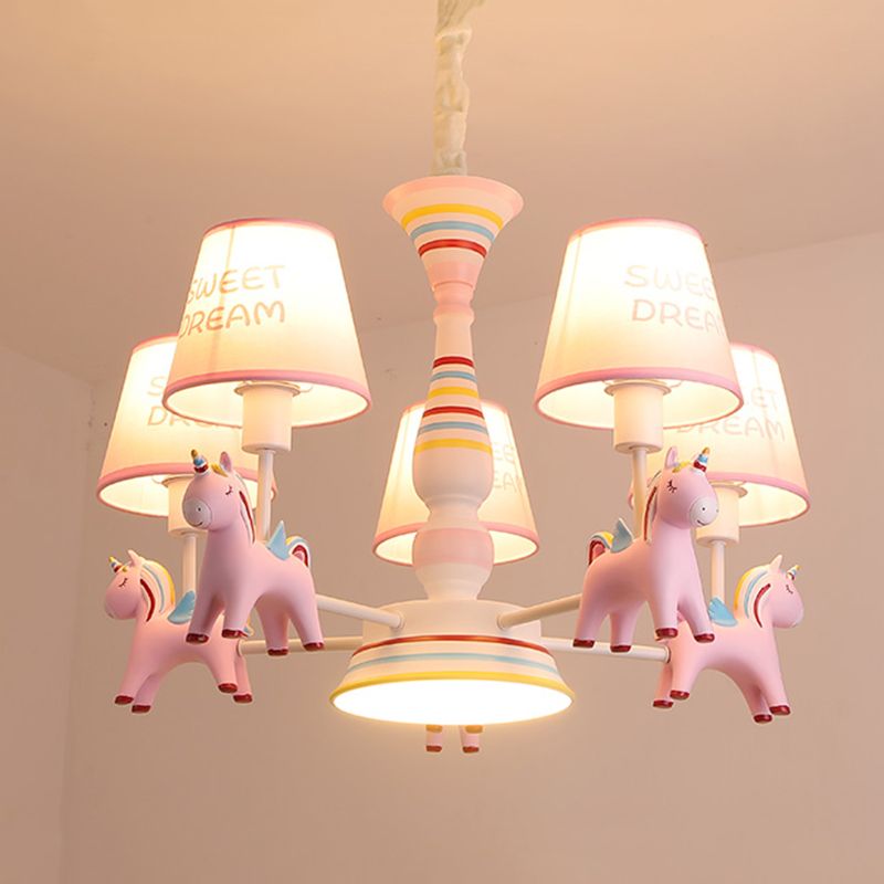 Nordic-Style Carousel Pendant Light Fixture Metal kids Bedroom Chandelier Lighting in Pink