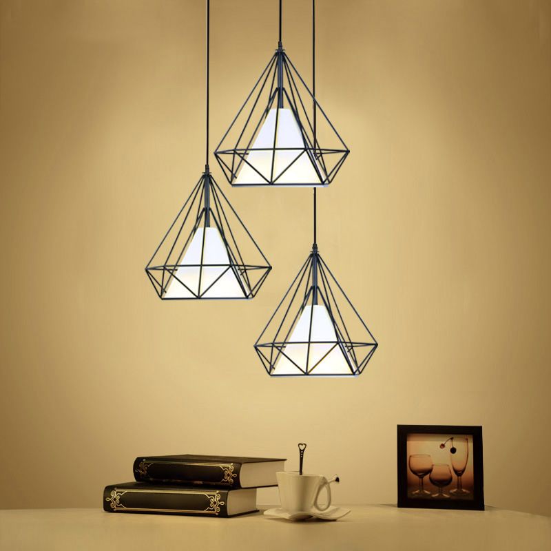 3 Lights Diamond Cage Hanging Pendant Lights Industrial Style Metal Pendant Ceiling Lights