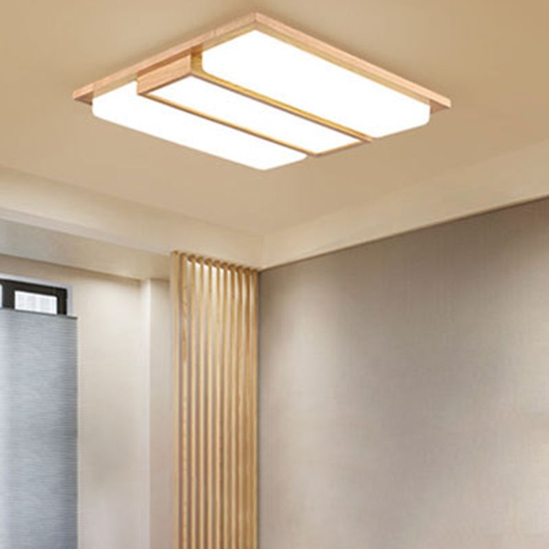 Modern Style Rectangle Shape Flush Mount 3-Lights Wood Ceiling Light for Bedroom