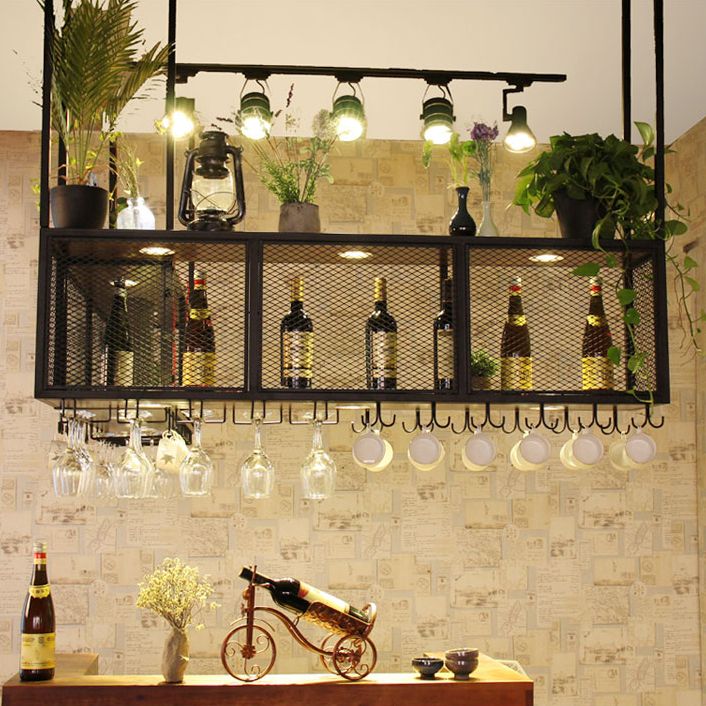 Black Metal Hanging Wine Holder with Glass Holder & Storage Shelf