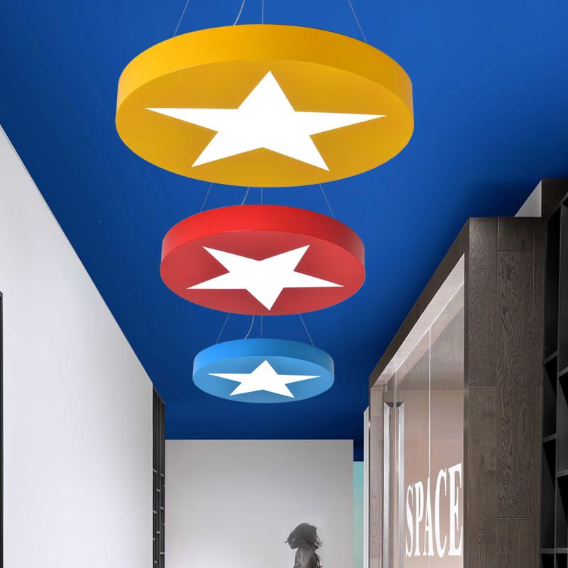 Kids Round Pendant Light with Star Metal Bright Colored Hanging Light for Office